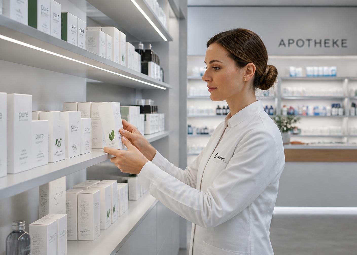Apothekerin sortiert weiße Produktschachteln in ein Regal