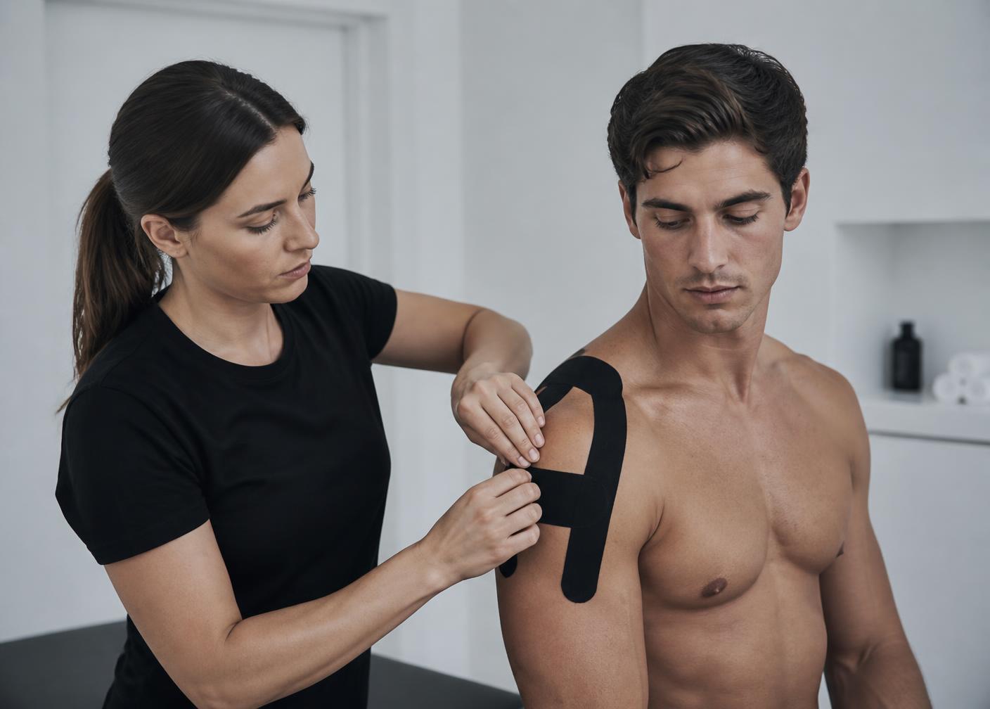 Sportler wird mit Kinesio-Tape versorgt